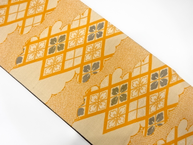 アンティーク　纐纈　雲取りに疋田・花菱模様織り出し昼夜帯（材料）